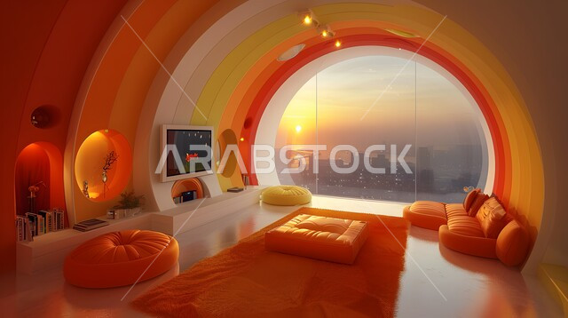 غرفة معيشة عصرية غريبة بإطلالة بانورامية، نافذة دائرية بتصميم حديث مبتكر، غرفة جلوس بديكورات داخليه متطورة وأثاث منزلي مريح وفاخر، شقق ومنازل سكنية جديدة في المملكة العربية السعودية 