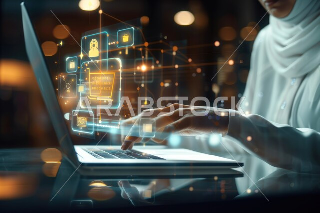 E-commerce concept, remote purchasing, veiled Saudi Arabian Gulf woman wearing white abaya using laptop, holographic shopping icons background