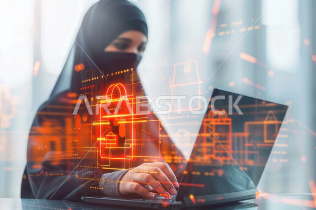 Cyber ​​security concept, data protection and personal information, veiled Saudi Arabian Gulf woman wearing black abaya using laptop, holographic security lock background