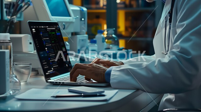 تقديم الاستشارات والنصائح للمرضى عن بعد, دمج التكنولوجيا بالطب، صورة مقربة ليدي طبيب عربي خليجي سعودي يرتدي المعطف الأبيض ويضع سماعة الفحص حول عنقه يعمل على الحاسوب المحمول في العيادة, مفهوم الرعاية الصحية, القطاع الطبي بالمملكة العربية السعودية