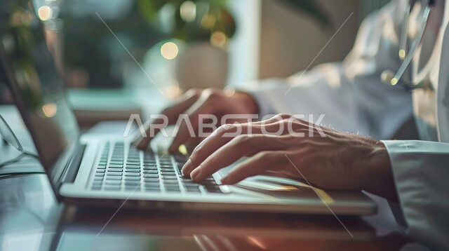 دمج التكنولوجيا بالطب, تقديم الاستشارات والنصائح للمرضى عن بعد، صورة مقربة ليدي طبيب عربي خليجي سعودي يرتدي المعطف الأبيض ويضع سماعة الفحص حول عنقه يعمل على الحاسوب المحمول في العيادة, مفهوم الرعاية الصحية, القطاع الطبي بالمملكة العربية السعودية