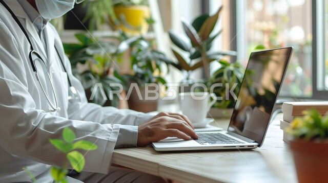 تقديم الاستشارات والنصائح للمرضى عن بعد, دمج التكنولوجيا بالطب، صورة مقربة ليدي طبيب عربي خليجي سعودي يرتدي المعطف الأبيض ويضع سماعة الفحص حول عنقه يعمل على الحاسوب المحمول في العيادة, مفهوم الرعاية الصحية, القطاع الطبي بالمملكة العربية السعودية