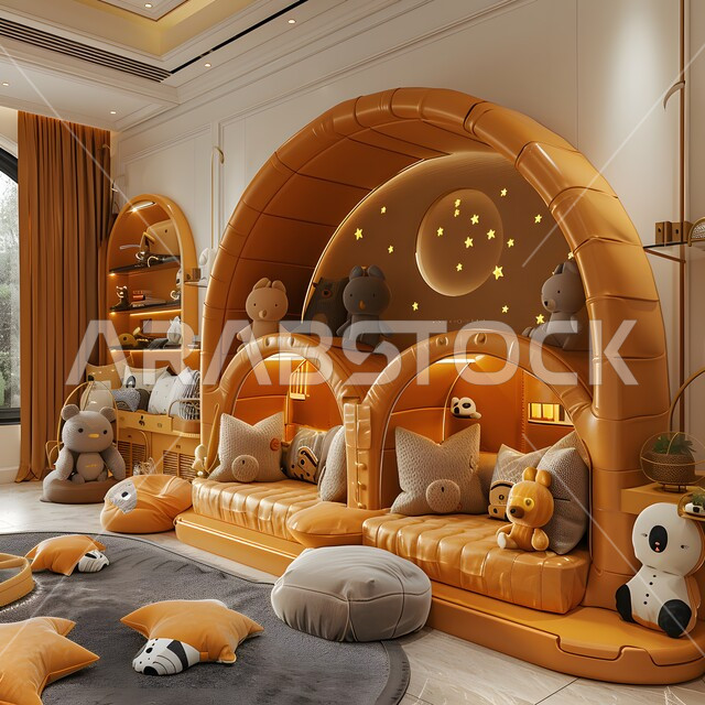 غرفة نوم للأطفال بديكورات حديثة ومبتكرة، استغلال المساحات وفنون هندسية متطورة، منامات وأركان مريحة وهادئة للأبناء في بيوت ومنازل المملكة العربية السعودية، تصاميم عصرية ومبتكرة مع اثاث منزلي فاخر 