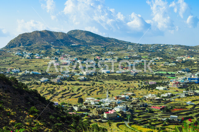 الأشجار والنباتات المغطية لسفوح الجبل، التضاريس والطرق الحجرية الوعرة، البيئة الجبلية لمنطقة أبها في عسير، الطبيعة الخضراء والمنتزهات والحدائق الجميلة، سلاسل الجبال الصخرية والقمم العالية، أماكن طبيعية للمغامرات ورحلات السفاري، الاستمتاع والتأمل والاستجمام