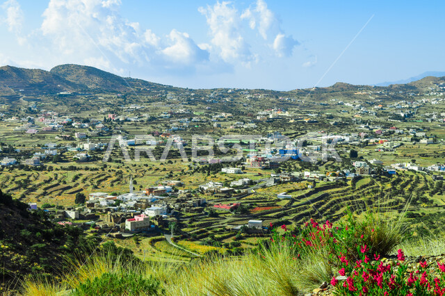 الأشجار والنباتات المغطية لسفوح الجبل، التضاريس والطرق الحجرية الوعرة، البيئة الجبلية لمنطقة أبها في عسير، الطبيعة الخضراء والمنتزهات والحدائق الجميلة، سلاسل الجبال الصخرية والقمم العالية، أماكن طبيعية للمغامرات ورحلات السفاري، الاستمتاع والتأمل والاستجمام