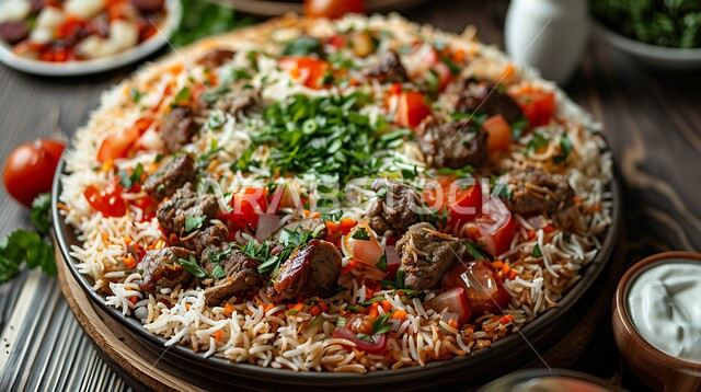 وصفات الطعام اللذيذة، أكلات شعبية تقليدية, فنون تقديم الأطباق في مطاعم المملكة العربية السعودية، المأكولات الشرقية الشهية, وجبات الأطعمة المشهورة في الخليج, صورة مقربة لمقلوبة طبق شهي من الأرز متعدد الطبقات مع الزبادي والأعشاب الطازجة