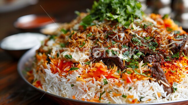 Maqluba delicious layered rice dish with yogurt and fresh herbs. Middle Eastern cuisine.