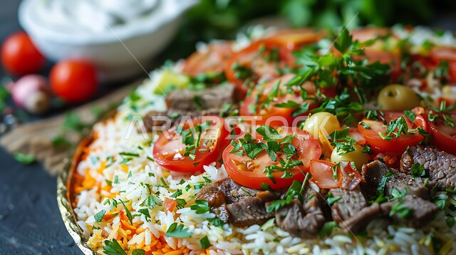 أكلات شعبية تقليدية, فنون تقديم الأطباق في مطاعم المملكة العربية السعودية، المأكولات الشرقية الشهية, وجبات الأطعمة المشهورة في الخليج, وصفات الطعام اللذيذة, صورة مقربة لمقلوبة طبق شهي من الأرز متعدد الطبقات مع الزبادي والأعشاب الطازجة