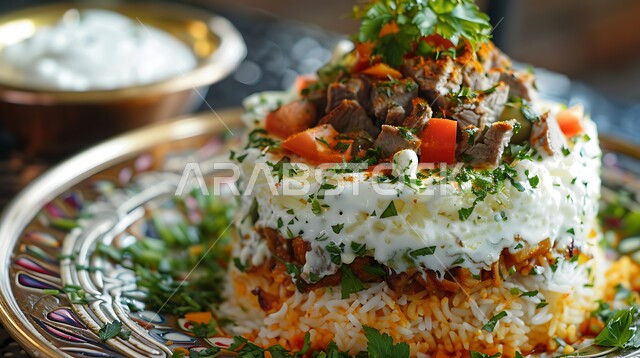 أكلات شعبية تقليدية, فنون تقديم الأطباق في مطاعم المملكة العربية السعودية، المأكولات الشرقية الشهية, وجبات الأطعمة المشهورة في الخليج, وصفات الطعام اللذيذة, صورة مقربة لمقلوبة طبق شهي من الأرز متعدد الطبقات مع الزبادي والأعشاب الطازجة