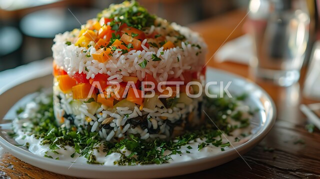 Maqluba delicious layered rice dish with yogurt and fresh herbs. Middle Eastern cuisine.