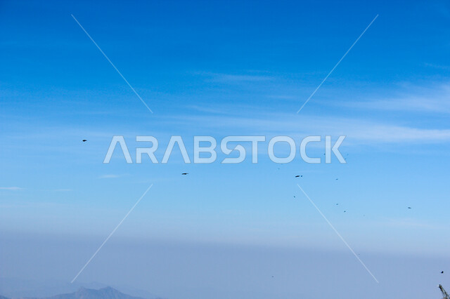 الغيوم البيضاء والسحب المغطية سلاسل الجبال الصخرية والقمم العالية، التضاريس والبيئة الجبلية لمنطقة أبها في عسير، الطبيعة الخضراء والمنتزهات، الأشجار والنباتات المغطية لسفوح الجبل، أماكن طبيعية للمغامرات ورحلات السفاري، الاستمتاع بالأوقات في التأمل والاستجمام