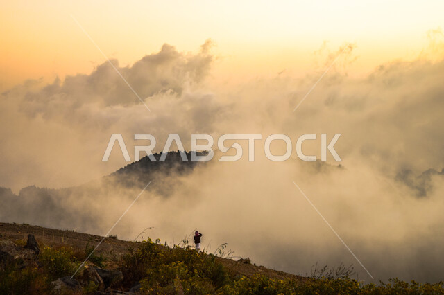 الغيوم البيضاء والسحب المغطية سلاسل الجبال الصخرية والقمم العالية، التضاريس والبيئة الجبلية لمنطقة أبها في عسير، الطبيعة الخضراء والمنتزهات، الأشجار والنباتات المغطية لسفوح الجبل، أماكن طبيعية للمغامرات ورحلات السفاري، الاستمتاع بالأوقات في التأمل والاستجمام