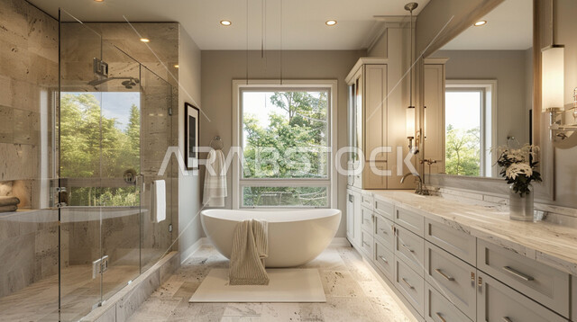 الفن الهندسي المعماري للفلل والمنازل الراقية، الحمام الداخلي الحديث مع واجهه زجاجية مطلة على الطبيعه الخضراء, دورة مياه رخاميه فاخرة في أحد المباني السكنيه، ديكورات وتصاميم داخلية للحمامات وأحواض الاستحمام في الشقق السياحية