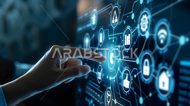 تحسين كفاءة العمل، استخدام التقنيات الالكترونية الحديثه، صورة مقربة ليد شخص يقوم بلمس أيقونات التكلفة والجودة الافتراضية، شاشات الكترونية مضيئة، عناصر ورموز هولوجرامية ثلاثية الابعاد، النمو والتقدم التكنولوجي