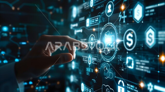 Technological growth and progress, 3D holographic elements and symbols, close-up of a person's hand touching virtual cost and quality icons, illuminated electronic screens, use of modern electronic technologies, improving work efficiency