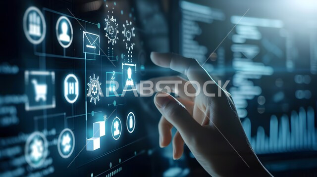 التقدم و النمو التقني, عناصر ورموز هولوجرامية ثلاثية الابعاد، صورة مقربة ليد شخص يقوم بلمس أيقونات التكلفة والجودة الافتراضية، شاشات الكترونية مضيئة, استخدام التقنيات الالكترونية الحديثه, تحسين كفاءة العمل