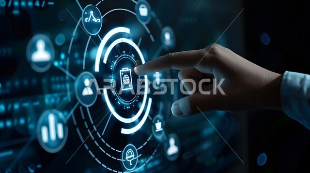 3D holographic elements and symbols, technological growth and progress, close-up of a person's hand touching virtual cost and quality icons, illuminated electronic screens, use of modern electronic technologies, improving work efficiency