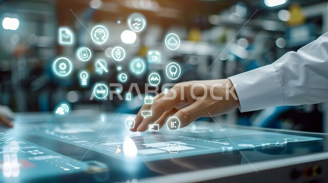 استخدام التقنيات الالكترونية الحديثه, تحسين كفاءة العمل، صورة مقربة ليد شخص يقوم بلمس أيقونات التكلفة والجودة الافتراضية، شاشات الكترونية مضيئة، عناصر ورموز هولوجرامية ثلاثية الابعاد، النمو والتقدم التكنولوجي