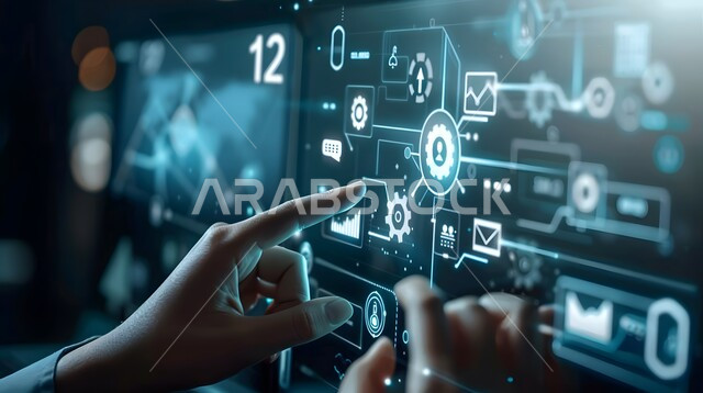 Technological progress and growth, 3D holographic elements and symbols, close-up of a person's hand touching virtual cost and quality icons, illuminated electronic screens, use of modern electronic technologies, improving work efficiency