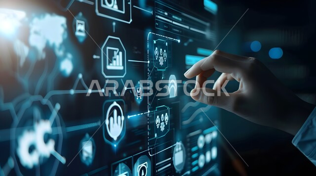 النمو والتقدم التكنولوجي, عناصر ورموز هولوجرامية ثلاثية الابعاد، صورة مقربة ليد شخص يقوم بلمس أيقونات التكلفة والجودة الافتراضية، شاشات الكترونية مضيئة, استخدام التقنيات الالكترونية الحديثه, تحسين كفاءة العمل