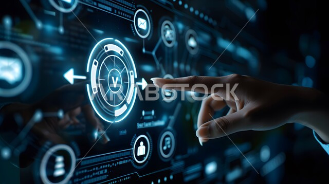 3D holographic elements and symbols, technological growth and progress, close-up of a person's hand touching virtual cost and quality icons, illuminated electronic screens, use of modern electronic technologies, improving work efficiency