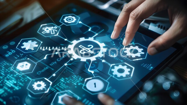 استخدام التقنيات الالكترونية الحديثه, تحسين كفاءة العمل، صورة مقربة ليد شخص يقوم بلمس أيقونات التكلفة والجودة الافتراضية، شاشات الكترونية مضيئة، عناصر ورموز هولوجرامية ثلاثية الابعاد، النمو والتقدم التكنولوجي