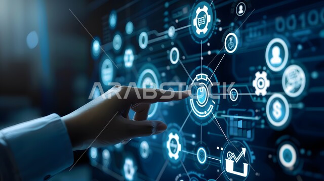 تحسين كفاءة العمل، استخدام التقنيات الالكترونية الحديثه، صورة مقربة ليد شخص يقوم بلمس أيقونات التكلفة والجودة الافتراضية، شاشات الكترونية مضيئة، عناصر ورموز هولوجرامية ثلاثية الابعاد، النمو والتقدم التكنولوجي