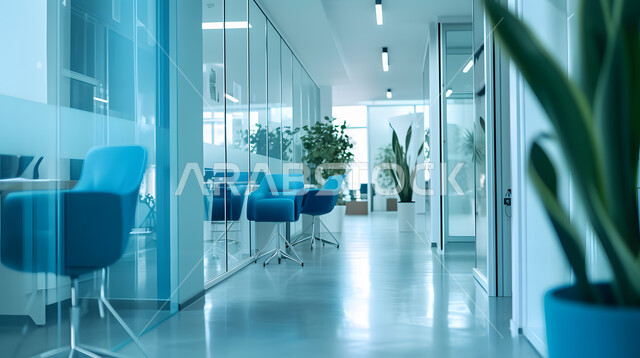 Office room with modern designs and modern equipment, interior design and architecture arts, elegant blue furniture, business companies with luxurious decorations