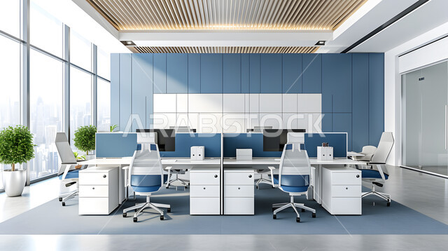 Offices with elegant and comfortable furniture, modern contemporary designs for Saudi company offices, elegant interior designs and decorations in blue and white in a modern style, large glass facades overlooking the city