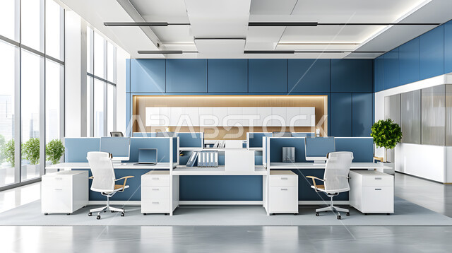 Offices with elegant and comfortable furniture, modern contemporary designs for Saudi company offices, elegant interior designs and decorations in blue and white in a modern style, large glass facades overlooking the city