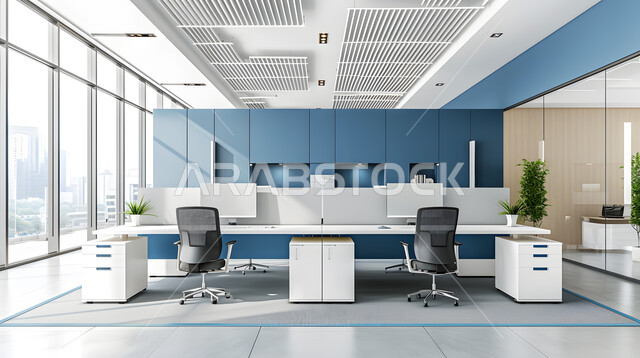 مكاتب عمل بأثاث أنيق ومريح، تصاميم عصرية حديثة لمكاتب الشركات السعودية، تصاميم داخلية وديكورات راقية باللون الأزرق والأبيض على الطراز الحديث، واجهات زجاجية كبيرة مطلة على المدينة