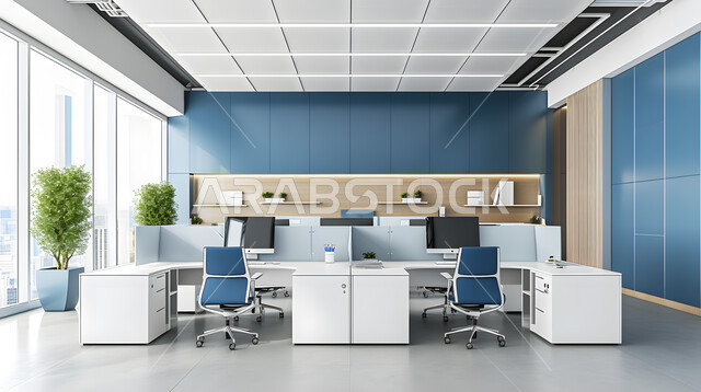 مكاتب عمل بأثاث أنيق ومريح، تصاميم عصرية حديثة لمكاتب الشركات السعودية، تصاميم داخلية وديكورات راقية باللون الأزرق والأبيض على الطراز الحديث، واجهات زجاجية كبيرة مطلة على المدينة
