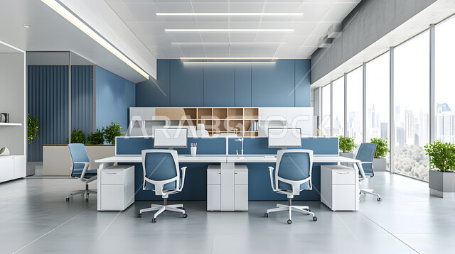تصاميم عصرية حديثة لمكاتب الشركات السعودية، مكاتب عمل بأثاث أنيق ومريح، تصاميم داخلية وديكورات راقية باللون الأزرق والأبيض على الطراز الحديث، واجهات زجاجية كبيرة مطلة على المدينة