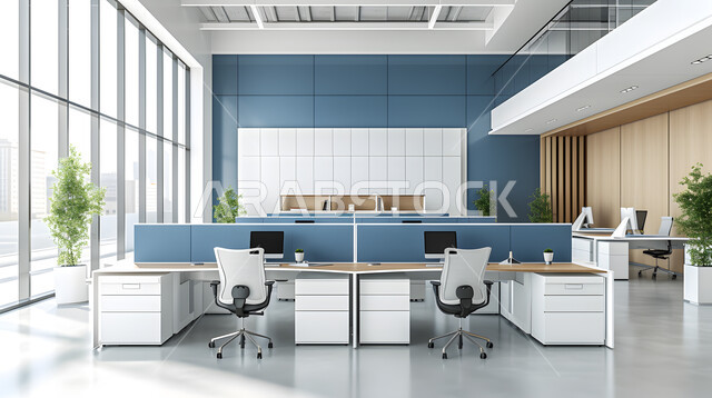 تصاميم عصرية حديثة لمكاتب الشركات السعودية، مكاتب عمل بأثاث أنيق ومريح، تصاميم داخلية وديكورات راقية باللون الأزرق والأبيض على الطراز الحديث، واجهات زجاجية كبيرة مطلة على المدينة