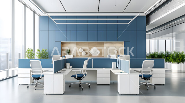 تصاميم عصرية حديثة لمكاتب الشركات السعودية، مكاتب عمل بأثاث أنيق ومريح، تصاميم داخلية وديكورات راقية باللون الأزرق والأبيض على الطراز الحديث، واجهات زجاجية كبيرة مطلة على المدينة
