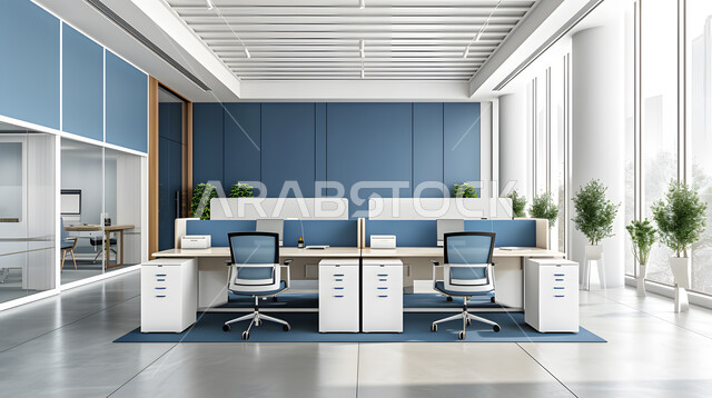 تصاميم عصرية حديثة لمكاتب الشركات السعودية، مكاتب عمل بأثاث أنيق ومريح، تصاميم داخلية وديكورات راقية باللون الأزرق والأبيض على الطراز الحديث، واجهات زجاجية كبيرة مطلة على المدينة