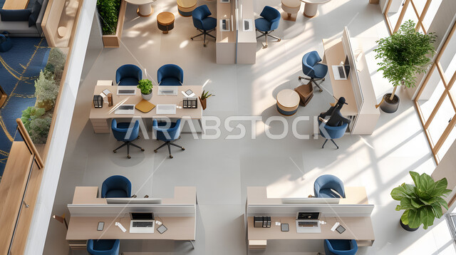 صورة من الاعلى لمساحة مكتبية داخلية، تصاميم عصرية حديثة لمكاتب الشركات السعودية، مكاتب عمل بأثاث أنيق ومريح، تصاميم وديكورات راقية باللون الأزرق والأبيض على الطراز الحديث، واجهات زجاجية كبيرة مطلة على المدينة