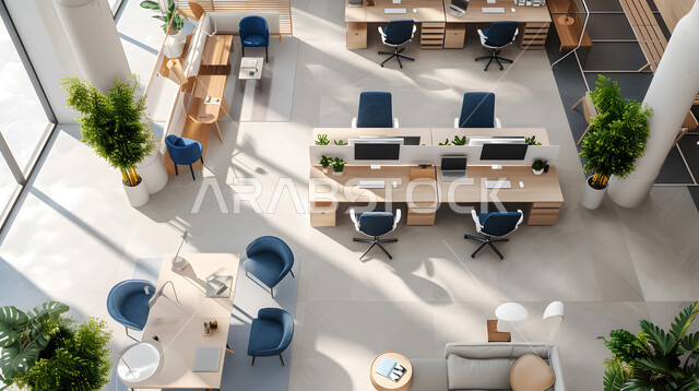 صورة من الاعلى لمساحة مكتبية داخلية، تصاميم عصرية حديثة لمكاتب الشركات السعودية، مكاتب عمل بأثاث أنيق ومريح، تصاميم وديكورات راقية باللون الأزرق والأبيض على الطراز الحديث، واجهات زجاجية كبيرة مطلة على المدينة