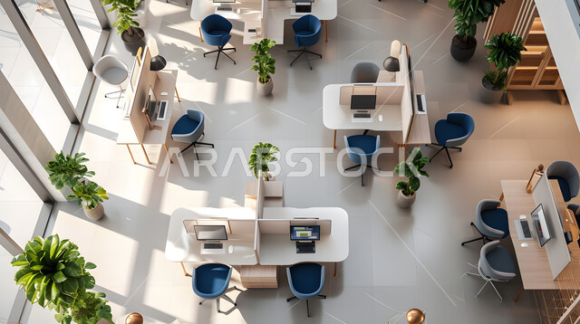 صورة من الاعلى لمساحة مكتبية داخلية، تصاميم عصرية حديثة لمكاتب الشركات السعودية، مكاتب عمل بأثاث أنيق ومريح، تصاميم وديكورات راقية باللون الأزرق والأبيض على الطراز الحديث، واجهات زجاجية كبيرة مطلة على المدينة