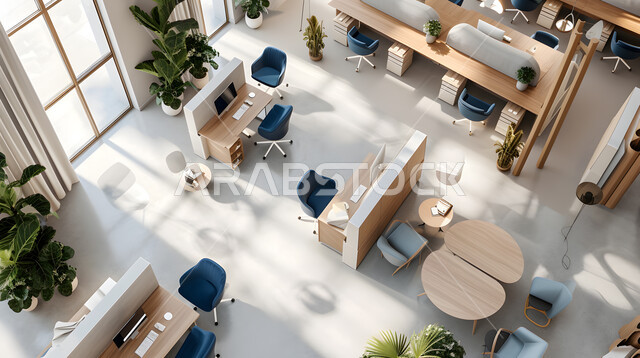 صورة من الاعلى لمساحة مكتبية داخلية، تصاميم عصرية حديثة لمكاتب الشركات السعودية، مكاتب عمل بأثاث أنيق ومريح، تصاميم وديكورات راقية باللون الأزرق والأبيض على الطراز الحديث، واجهات زجاجية كبيرة مطلة على المدينة
