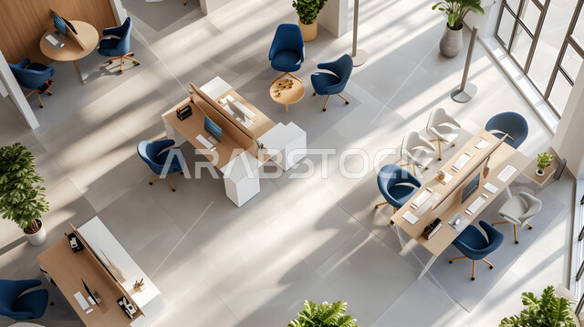صورة من الاعلى لمساحة مكتبية داخلية، تصاميم عصرية حديثة لمكاتب الشركات السعودية، مكاتب عمل بأثاث أنيق ومريح، تصاميم وديكورات راقية باللون الأزرق والأبيض على الطراز الحديث، واجهات زجاجية كبيرة مطلة على المدينة