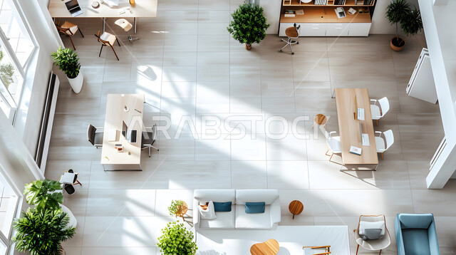 Modern contemporary designs for Saudi corporate offices, top view of interior office space, office spaces with elegant and comfortable furniture, elegant designs and decorations in blue and white in modern style, large glass facades overlooking the city