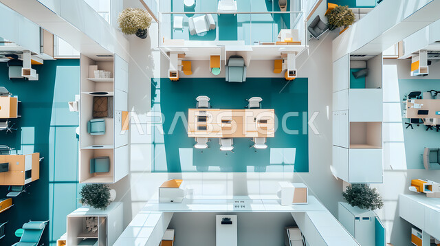 تصاميم عصرية حديثة لمكاتب الشركات السعودية، صورة من الاعلى لمساحة مكتبية داخلية، مكاتب عمل بأثاث أنيق ومريح، تصاميم وديكورات راقية باللون الأزرق والأبيض على الطراز الحديث، واجهات زجاجية كبيرة مطلة على المدينة