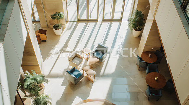 صورة من الاعلى لغرفة الاستقبال، التصاميم الحديثة والمتطورة, الديكورات الداخلية للشركات الفاخرة في المملكة العربية السعودية, التصميم المتطور للمنشآت والمباني العصرية, الواجهات الزجاجية الضخمة