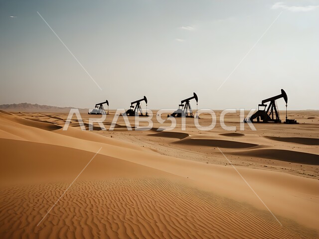 استنباط النفط والزيوت، جودة أدوات ومعدات استخراج البترول، بيع وتصدير الثروات الباطنية، صورة لحفارات تقوم بالتنقيب عن النفط في الصحراء 