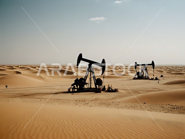 استنباط النفط والزيوت، جودة أدوات ومعدات استخراج البترول، بيع وتصدير الثروات الباطنية، صورة لحفارات تقوم بالتنقيب عن النفط في الصحراء 