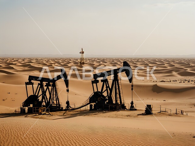استنباط النفط والزيوت، جودة أدوات ومعدات استخراج البترول، بيع وتصدير الثروات الباطنية، صورة لحفارات تقوم بالتنقيب عن النفط في الصحراء 