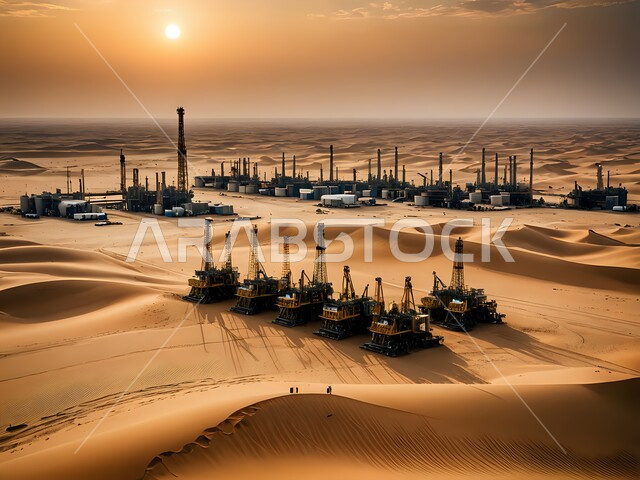 استنباط النفط والزيوت، جودة أدوات ومعدات استخراج البترول، بيع وتصدير الثروات الباطنية، صورة لحفارات تقوم بالتنقيب عن النفط في الصحراء 