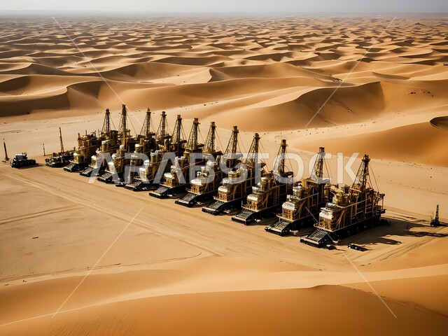 استنباط النفط والزيوت، جودة أدوات ومعدات استخراج البترول، بيع وتصدير الثروات الباطنية، صورة لحفارات تقوم بالتنقيب عن النفط في الصحراء 
