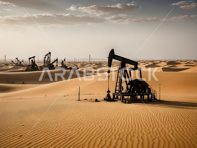 صورة لحفارة تقوم بالتنقيب عن النفط في الصحراء, استنباط النفط والزيوت، جودة أدوات ومعدات استخراج البترول، بيع وتصدير الثروات الباطنية